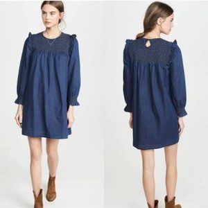 Madewell Indigo Ruffled Smocked Babydoll Mini Tunic Dress XXS / XS Denim Jean